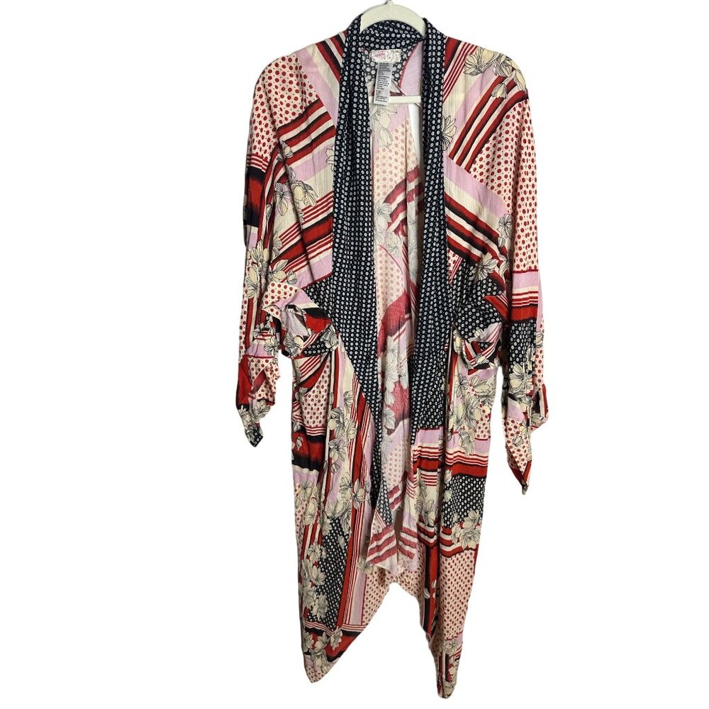 Free People Red, Black, Cream Floral and Geometric Kimono  Duster OS